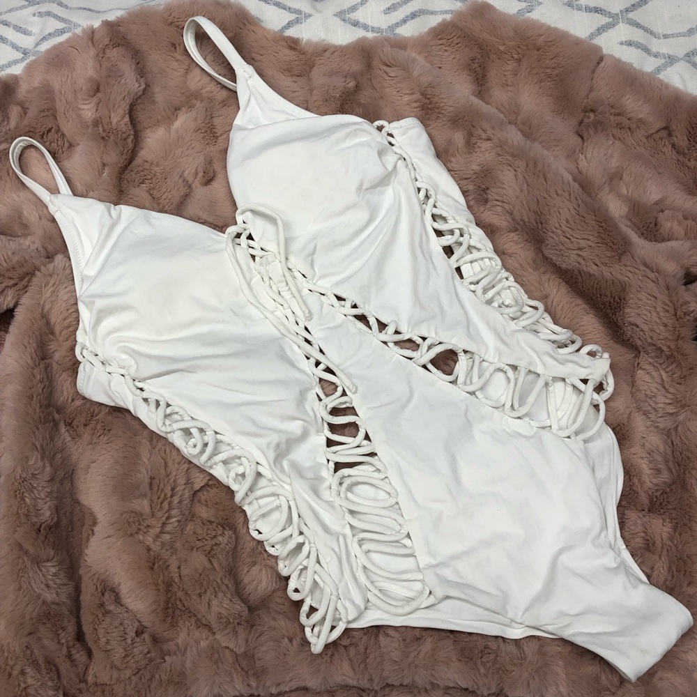NWOT miss bikini strappy one piece swimsuit sexy white Cut out lace up